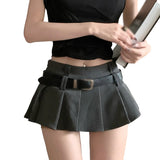 Women's Waist Short Skirt  Girl A-line Pleated Skirt with Belt Half length Skirt MartLion GRAY XL 