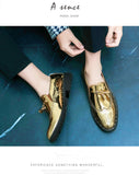 British Style Golden Tassel Brogues  Men's Pointed Leather Dress Shoes Men Slip-on Wedding Loafers MartLion   
