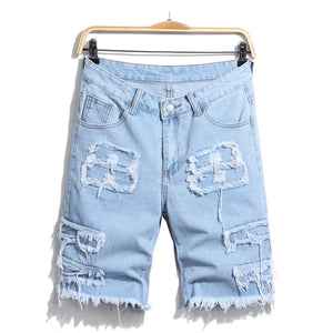 Streetwear Summer Men's Holes Patch Spliced Denim Shorts Stylish Solid Casual Straight Jean Five-point Pants MartLion   