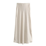 Women's Flowing Satin Midi Skirt Women Vintage Elastic  Waist Flared Street Skirt MartLion   