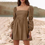 Dresses Women Gothic Clothes Square Neck Solid Color Mini Dress MartLion Coffee-1 XL 