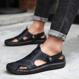 Men's Leather Slippers Summer Slip-on Outdoor Casual Shoes Wrap Toe Non-slip Beach Cozy Breathable Sandals Mart Lion Black 38 