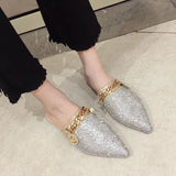 Pointed flat bottomed sandals for women wearing summer rhinestone wrapped lazy half slippers MartLion   