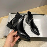 Women Shoes Leather Short Boots Pointed Chunky Heel Rivet Ankle Platform Heel MartLion Black 35 