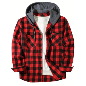 Men's Shirts Classic Plaid Casual Button Down Hooded Long Sleeved Double Pockets Shirt Hoodie Flannel Jacket MartLion Red XXXL 