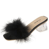 Mules Sandal Women Summer Outdoor Slippers Square Toe High Heels Office Ladies Feather Slides Chic Classics Furry Shoes MartLion Black 36 