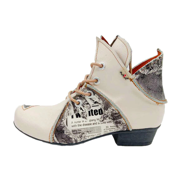 Lace Up Newspaper Print Leather Women's Ankle Boots MartLion   