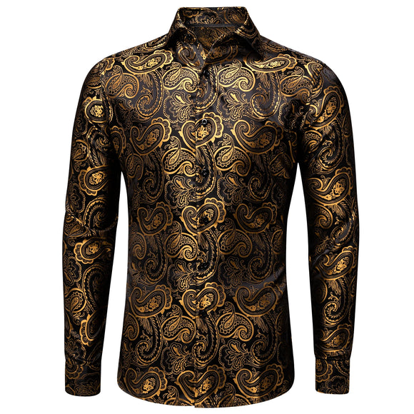 Hi-Tie Silk Men's Shirts Black Gold Long Sleeve Slim Fit Paisley Lapel Brooch Shirt Wedding Party Gift Designer MartLion   