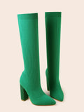 Green Women Cozy Knitting Stretch Fabric Knee High Boots Square Heels Autumn Winter Sock Long Shoes MartLion   