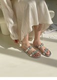 Women Flat Sandals Satin Slippers Ladies Rhinestone Buckle Summer Casual Shoes Soft Sole Bridesmaid Slippers Mart Lion   