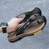 Genuine Cow Leather Shoes Men's Sandals Flip Flops Casual Classic Massage Beach Slippers Anti-slip Summer MartLion Black 39 