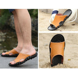 Men's Slippers Summer Genuine Leather Casual Slides Street Beach Shoes Black Cow Leather Sandals Mart Lion   
