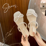 Summer Shoes Women Sandals Pearl Flat Summer Holiday Elegant Party Beige Green MartLion   