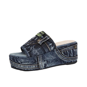 Summer Denim Water Wash Cloth Wearing Thick Sole Flat Slippers Outside MartLion   