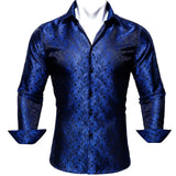 Luxury Shirts Men's Silk Embroidered Blue Paisley Flower Long Sleeve Slim Fit Blouses Casual Tops Lapel Cloth Barry Wang MartLion 0424 S 