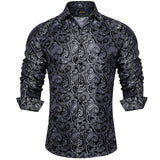 Luxury Blue Black Paisley Silk Shirts Men's Long Sleeve Wedding Party Prom Tuxedo Dress Casual Designer Clothing MartLion CYC-2011 S 