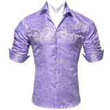 Luxury Purple Men's Silk Shirt Spring Autumn Long Sleeve Lapel Shirts Casual Fit Set Party Wedding Barry Wang MartLion   