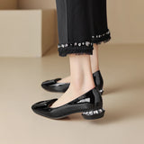 Spring Women Pumps Genuine Leather Shoes Square Toe Chunky Heel Shallow Square button Single MartLion   