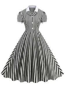 Black and White Striped Vintage Long Dresses Summer  Polyester Women MartLion black S 