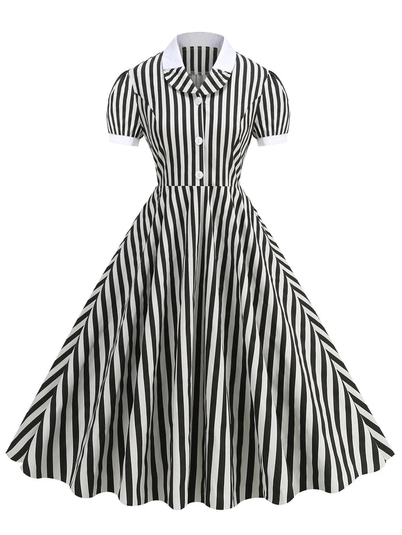 Black and White Striped Vintage Long Dresses Summer  Polyester Women MartLion black S 