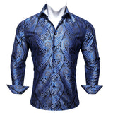 Luxury Blue Shirts Men's Solid Satin Embroidered Paisley Flower Long Sleeve Slim Fit Blouses Casual Lapel Tops Barry Wang MartLion   