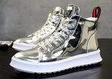 Men's Shoes Four Seasons Shiny Patent Leather Board Boys High-Top Casual Fluorescent Green Gold Silver White MartLion   