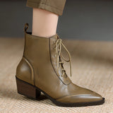 Winter Pointed Toe Women Boots Chunky Heel Shoes Short Retro Western Genuine Leather MartLion   