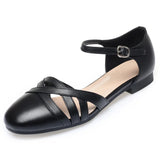 Summer women's sandals leather soft sole hollow word buckle belt hollow leather toe flat heels MartLion Black 41 