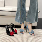 One Line Diamond Rose Blossom Thin High Heel Sandals French Denim Open Toe Women's Shoes MartLion   