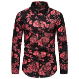 Autumn Winter Shirt Men's Vintage Rose Print Casual Long Sleeve Shirt MartLion red and black S 