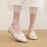 Gold Embroidery Women Pointy Toe Slip On Ballet Flats Elegant Casual Ballerinas Shoes for Beige MartLion   