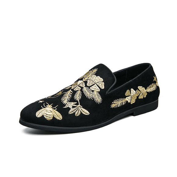 Loafers for Men's Flock Embroider Black Casual Shoes Slip-On Breathable Handmade Dress MartLion black 39 