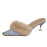 Fur Slippers Mules Pointed Toe Elegant High Heels Shoes Women's Autumn Furry Slides Flip Flops Office Work Luxury MartLion blue 6cm heels 39 