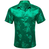 Designer Shirts Men's Summer Short Sleeve Silk Satin Black Floral Slim Fit Lapel Blouses Regular Casual Tops Barry Wang MartLion   