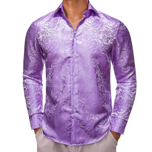  Designer Shirts Men's Silk Long Sleeve Light Purple Silver Paisley Slim Fit Blouses Casual Tops Breathable Barry Wang MartLion - Mart Lion