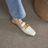 Spring Summer Women Shoes Square Toe Pumps Solid Cow Leather Low Heel Mules Metal Button Slipper Mules MartLion   