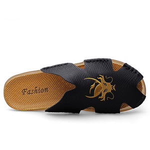 Cow Split Leather Men's Slippers Dragon Embroidery Casual Water Sport Sneakers Beach Flip Flops Outdoor Office Footwear Mart Lion   