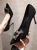 Women Mid Heeled Sandals Black Square Buckle Pointed Thin Heeled Baotou Banquet High Heeled Shoes MartLion   