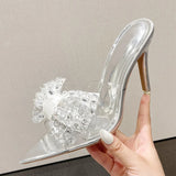 Liyke  Pointed Toe Mule High Heels Stripper Slipper Crystal Bowknot PVC Transparent Shoes Women Gold Sandals MartLion   