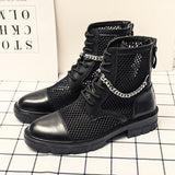  Summer Men's Ankle Boots Punk Rock Mesh Leather Chain Round Toe Breathable Motorcycle Party Casual Shoes Mart Lion - Mart Lion