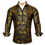 Designer Men's Shirts Silk Gold Embroidered Paisley Flower Long Sleeve Casual Blouses Slim Fit Clothing Lapel Tops Barry Wang MartLion 0444 S 