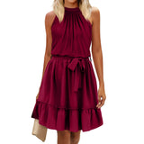 Women's Dress Summer Women's Beach Dress Folded Cake Dress Loose Neck Tie Sleeveless Dress Women's Summer Clothing MartLion   