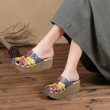 Summer Hollow Handmade Shoes Women Slides Genuine Leather Cover Toes Flower Women's Platform Wedges Slippers MartLion   