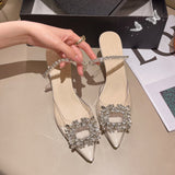 High-heeled Slippers Women Summer Pointed Crystal Heel Designer Sandals Square Buckle Slides Mart Lion apricot 35 