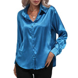 Women Shirts Silk Solid Plain Purple Green White Black Red Blue Pink Yellow Gold Blouses Long Sleeve Tops Barry Wang MartLion   