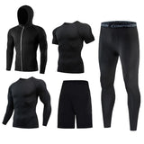 5 Pcs Men's Compression Set Running Tights Workout Fitness Training Tracksuit Short sleeve Shirts Sport Suit rashgard kit MartLion all black set S 