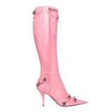 Women High Heels Boots Pointed Toe Stilettos Knee High Ladies Rivet Retro Pumps Cosplay Ankle Mart Lion Pink 38 