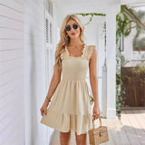 Summer Slim Fit Stretch Dresses Women Ruffle Trim Suspenders Dress Female Waist Pleated Hem Frock Casual Backless Gown MartLion APRICOT S 