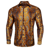 Hi-Tie Long Sleeve Silk Shirts Men's Suit Dress Outwear Slim Jacquard Wedding Floral Paisley Gold Blue Red MartLion 1005 S 