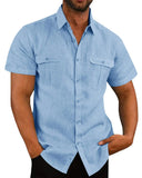 Cotton Linen Men's Short-Sleeved Shirts Summer Solid Color Stand-Up Collar Casual Beach Style MartLion BLUE XL 